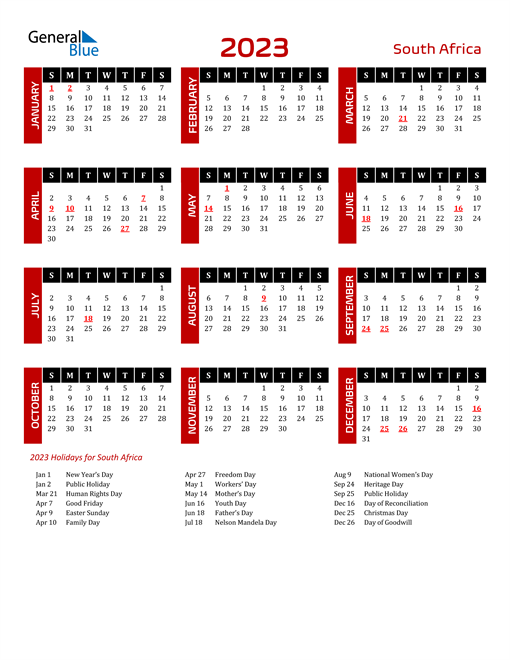 2023 South Africa Calendar With Holidays