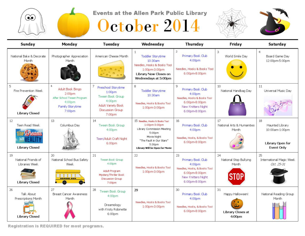 Allen Park Public Library October 2014 Calendar By Allen Park Public 