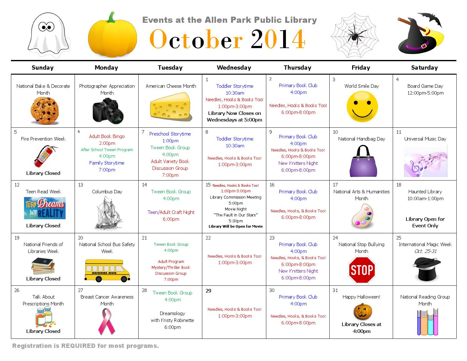 Allen Park Public Library October 2014 Calendar By Allen Park Public