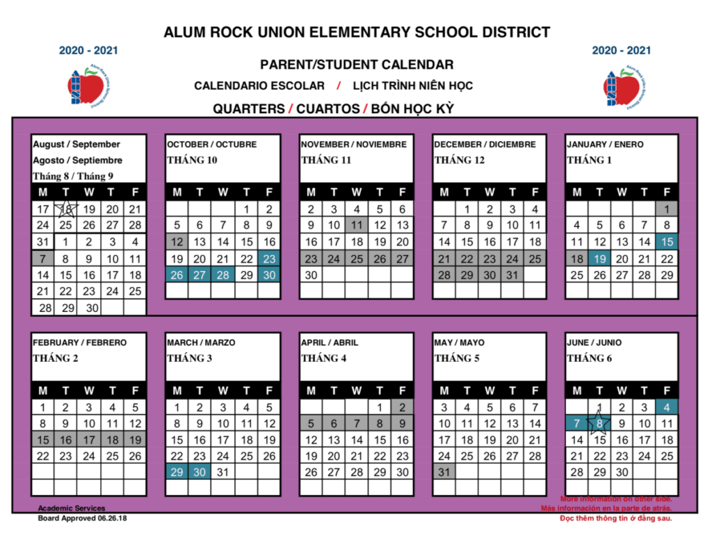 Alum Rock Union Elementary School District Calendar 2020 And 2021 