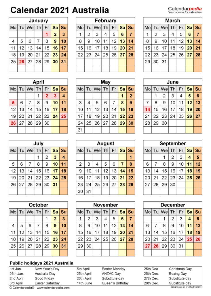 Australia Calendar 2021 Free Printable PDF Templates