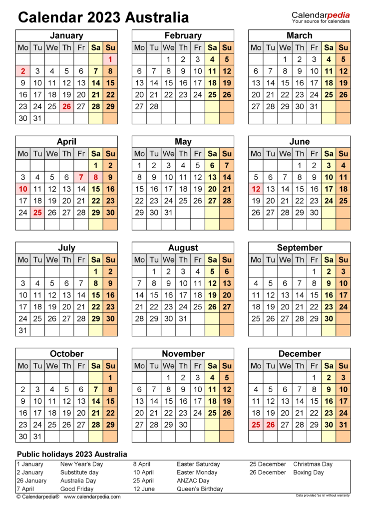 Australia Calendar 2023 Free Printable Excel Templates