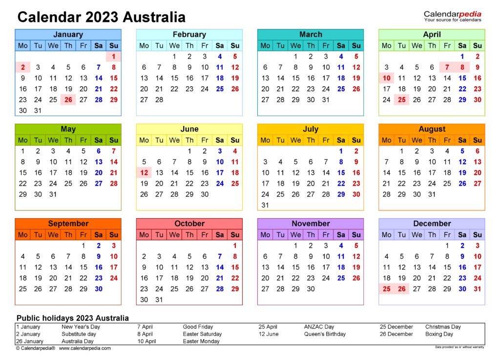 Australia Calendar 2023 Free Printable Excel Templates