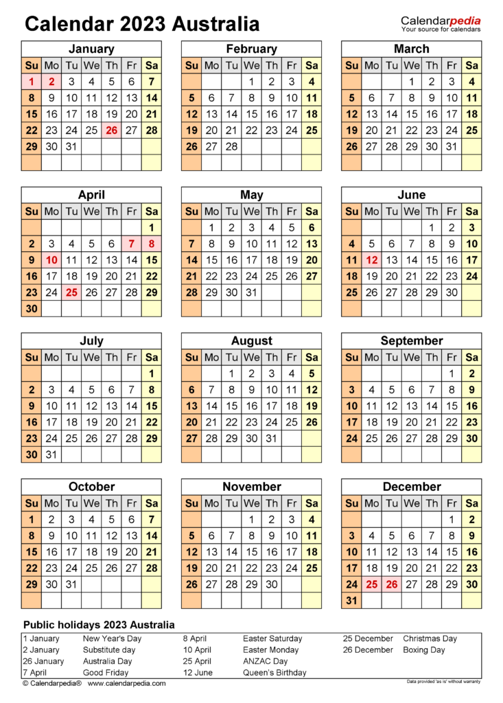 Australia Calendar 2023 Free Printable PDF Templates