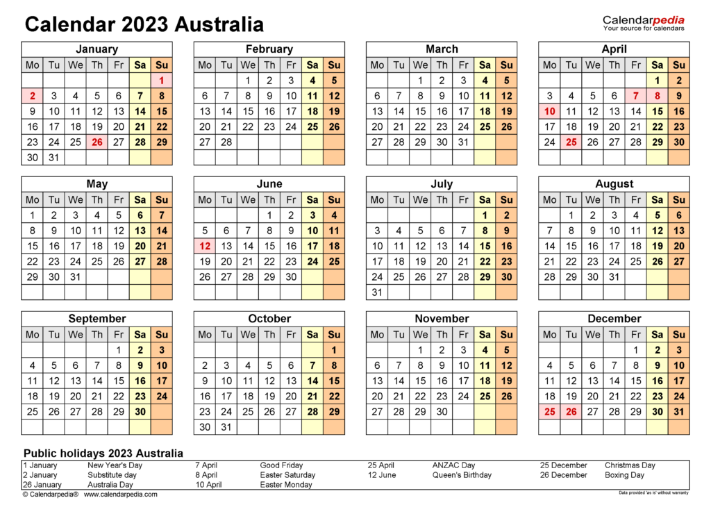 Australia Calendar 2023 Free Printable PDF Templates