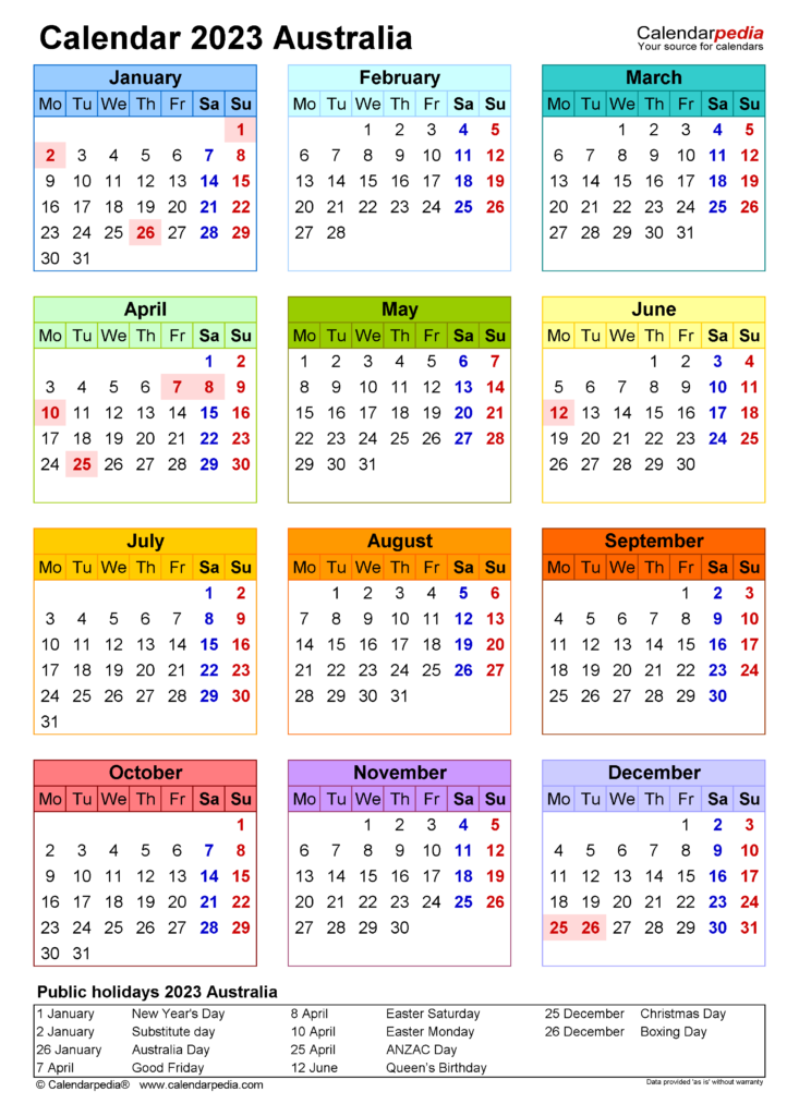 Australia Calendar 2023 Free Printable PDF Templates