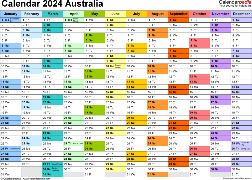 Australia Calendar 2024 Free Printable Word Templates