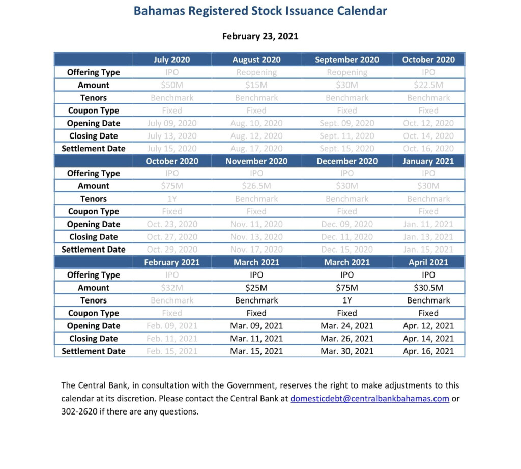 Bahamas Registered Stock Initial Public Offering Calendar Central Bank 