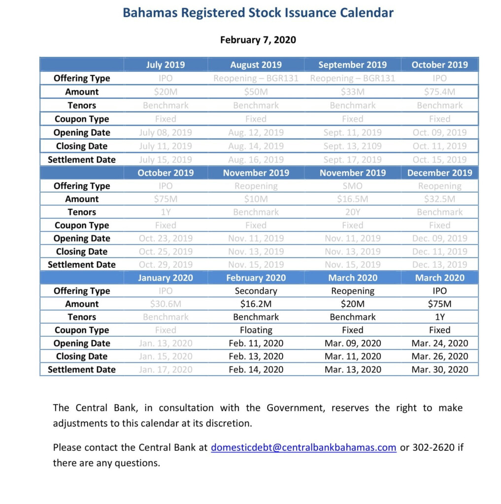 Bahamas Registered Stock Initial Public Offering Calendar