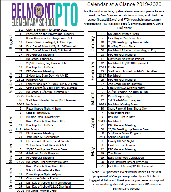 Belmont Calendar Belmont PTO