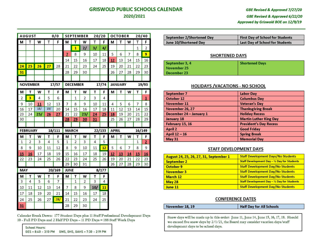 Board Approved Academic Calendar Griswold Public Schools