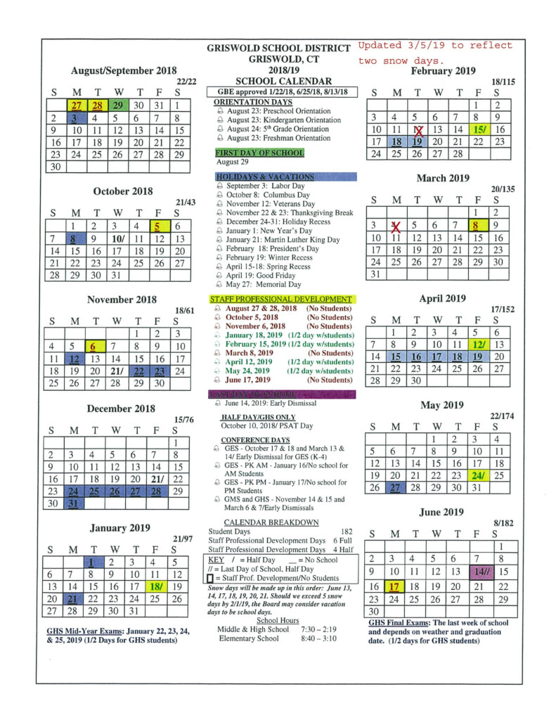 Board Approved Academic Calendar Griswold Public Schools