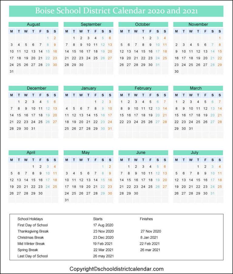 Boise School District Calendar Holidays 2020 2021