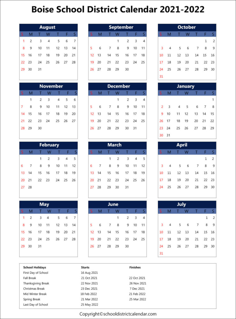 Boise School District Calendar Holidays 2021 2022