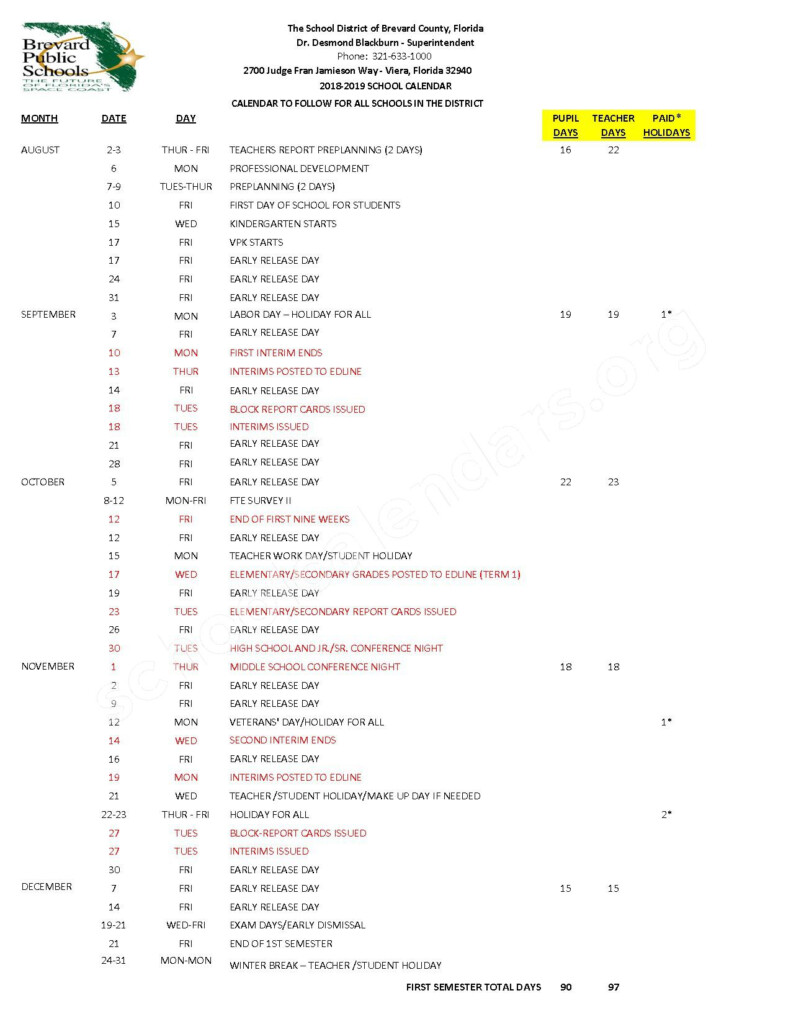 Brevard Public Schools 2022 2023 Calendar August Calendar 2022