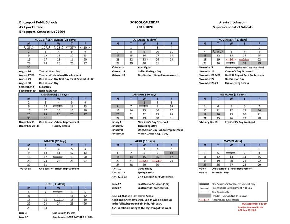 Bridgeport Public Schools District Calendar 2019 2020 Calendar