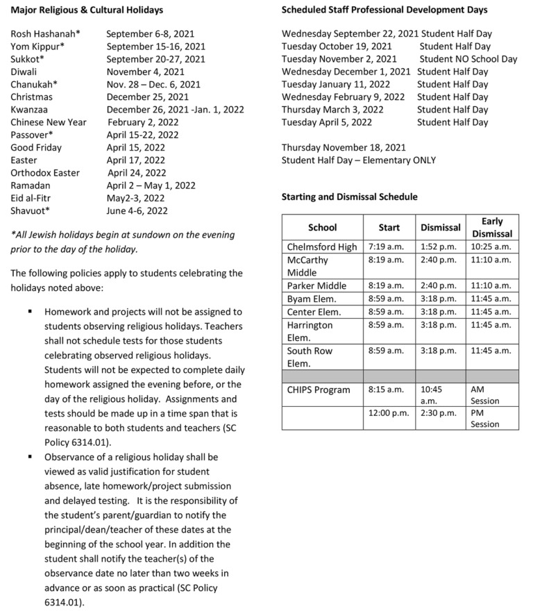 Calendar Chelmsford Public Schools