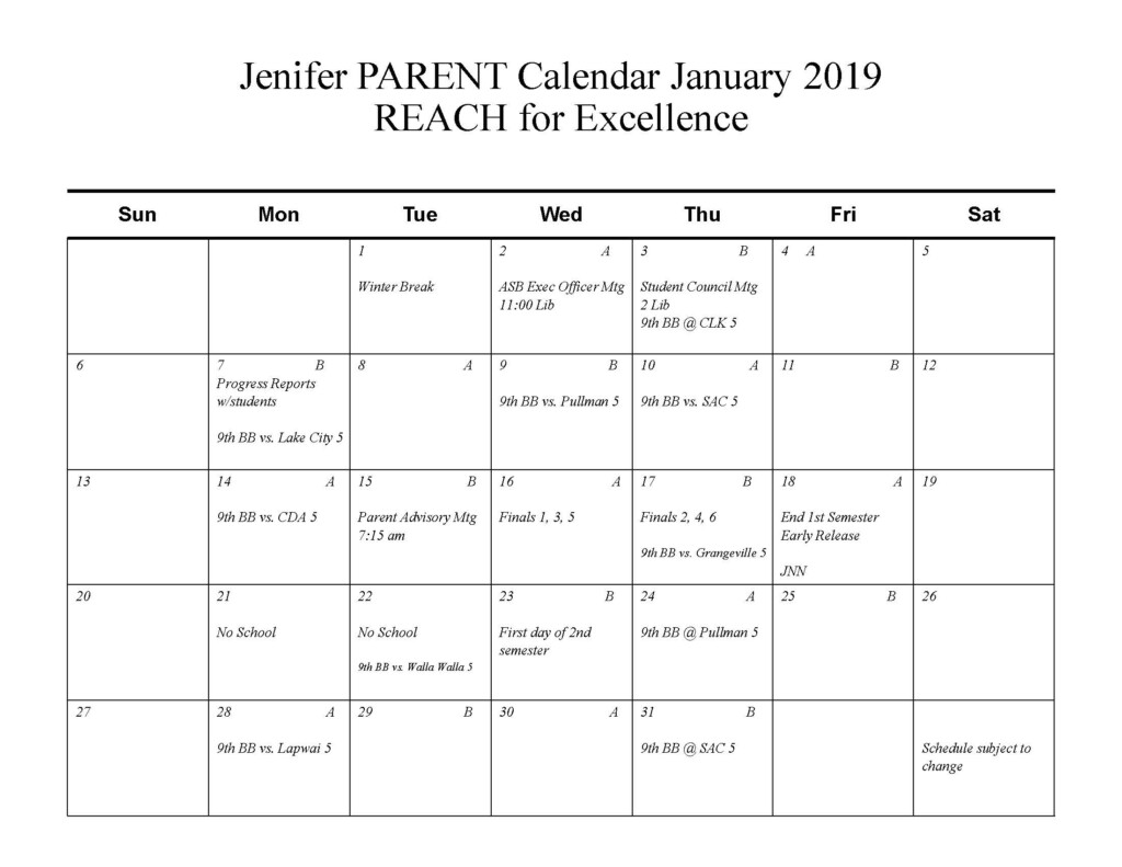 Calendar Jenifer Junior High School