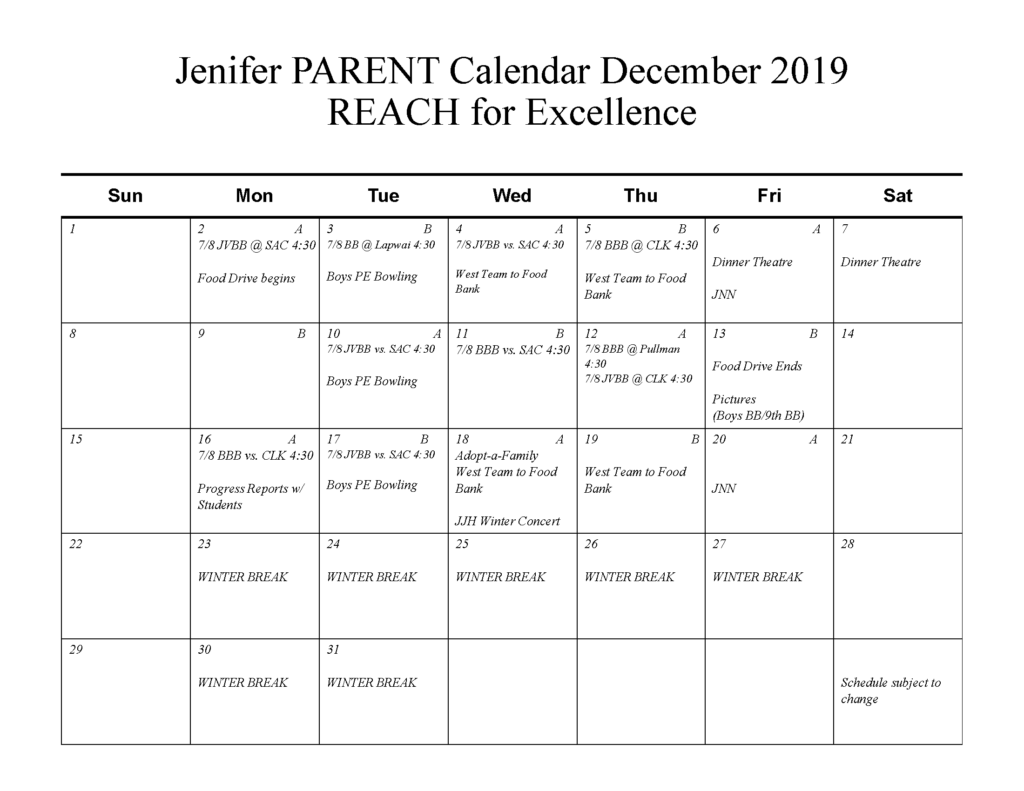 Calendar Jenifer Middle School