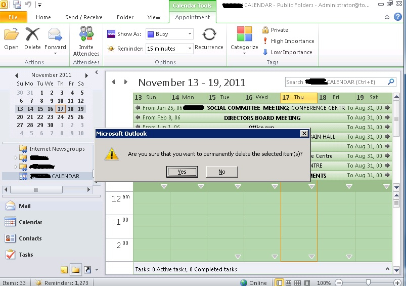 Can Not Delete Outlook 2010 Public Folder Calendar Items Imported 