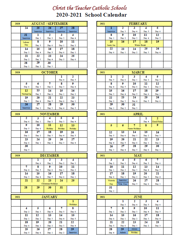 Christ The Teacher Catholic Schools Calendar 2021 And 2022 