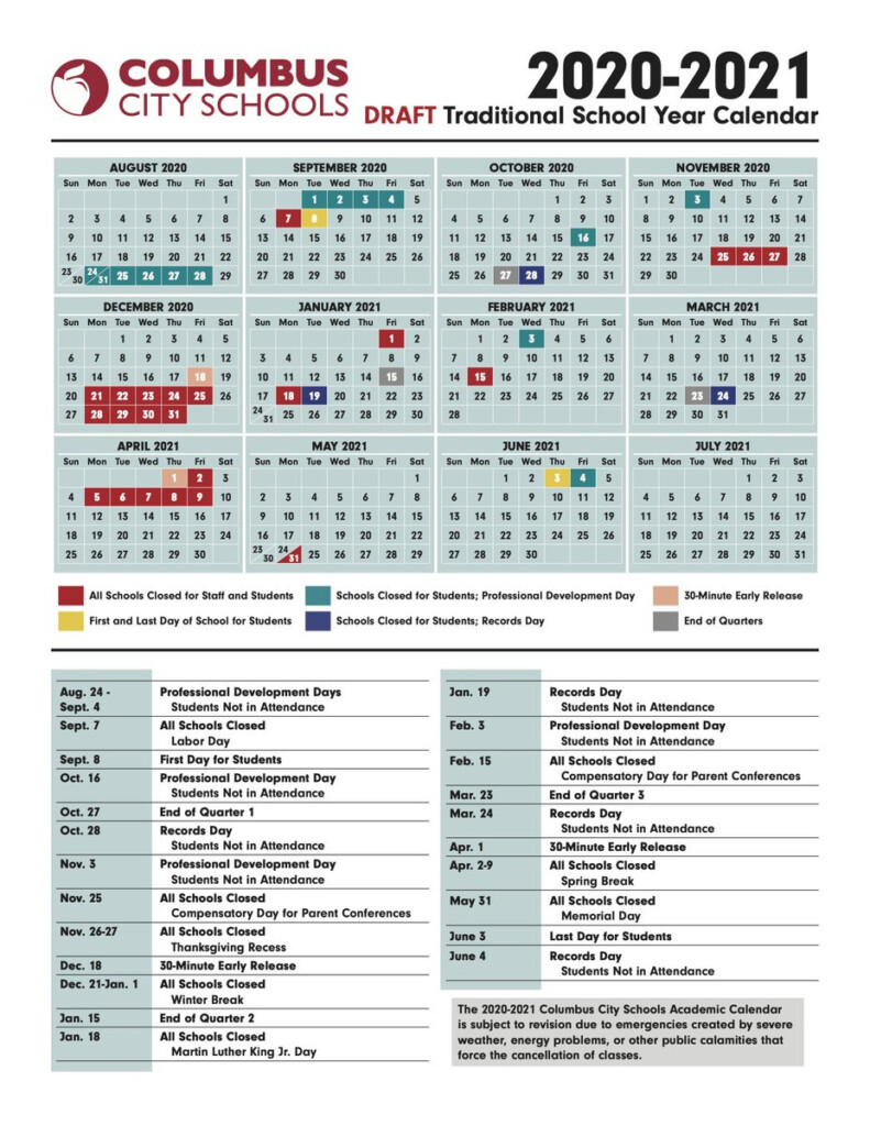 Columbus City Schools Calendar 2021 Printable March