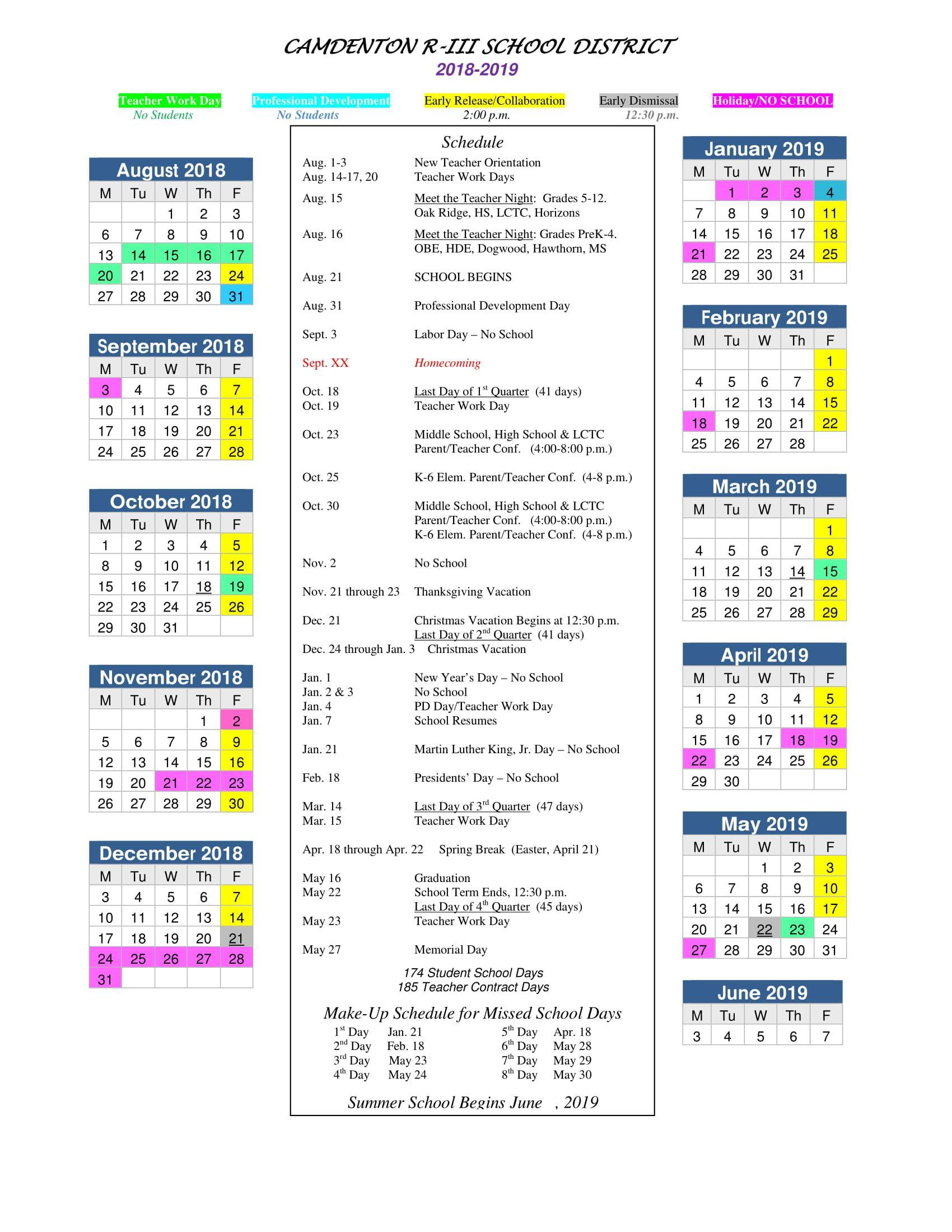 District Calendar Index Camdenton R 3 School District