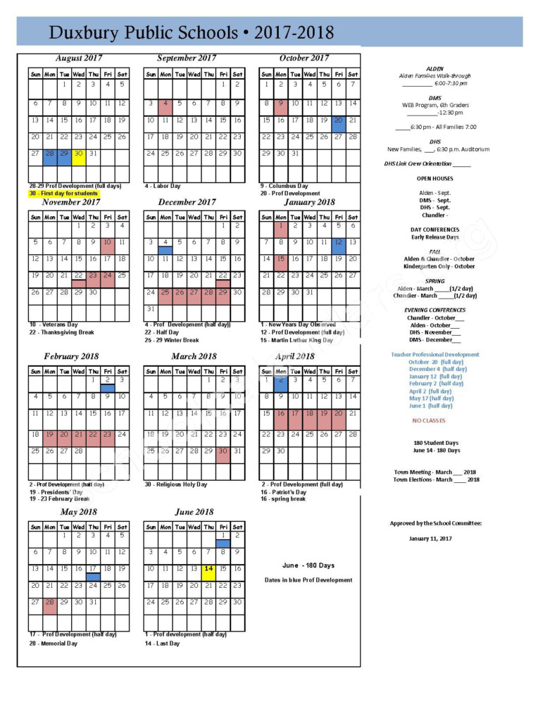 Duxbury Public Schools Calendars Duxbury MA