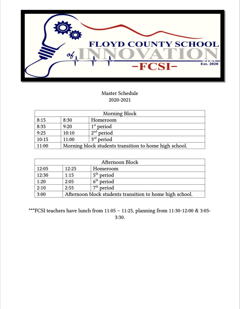 FCSI BELL SCHEDULE Students Floyd County School Of Innovation