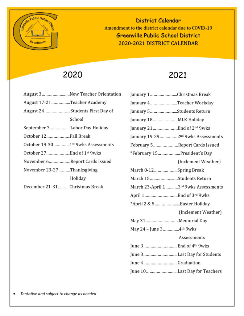 Greenville Public School District Calendar 2021 And 2022 