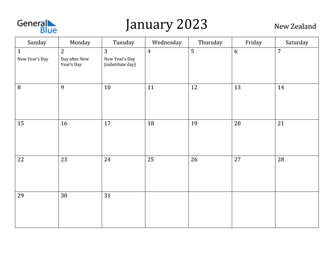 January 2023 Calendar With New Zealand Holidays