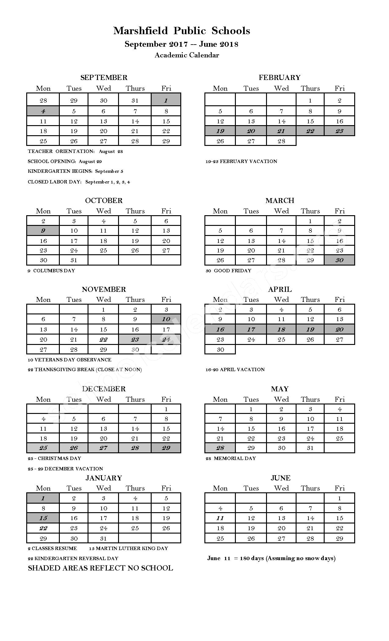 Marshfield Public School District Calendars Marshfield MA