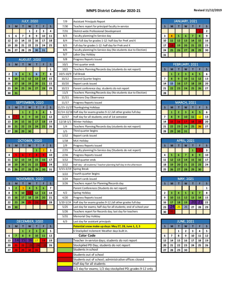 Metro Nashville Public Schools Calendar 2020 2021 Printable Calendars 