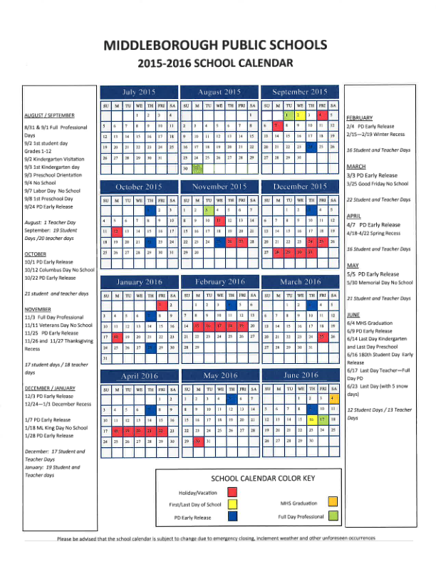 Middleboro MA 2015 2016 School Calendar School Calendar Calendar