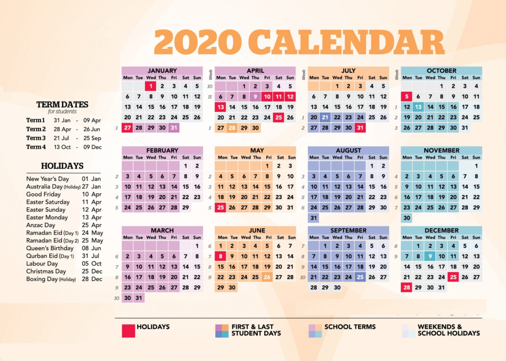 NSW Calendar 2020 With Holidays Australia 