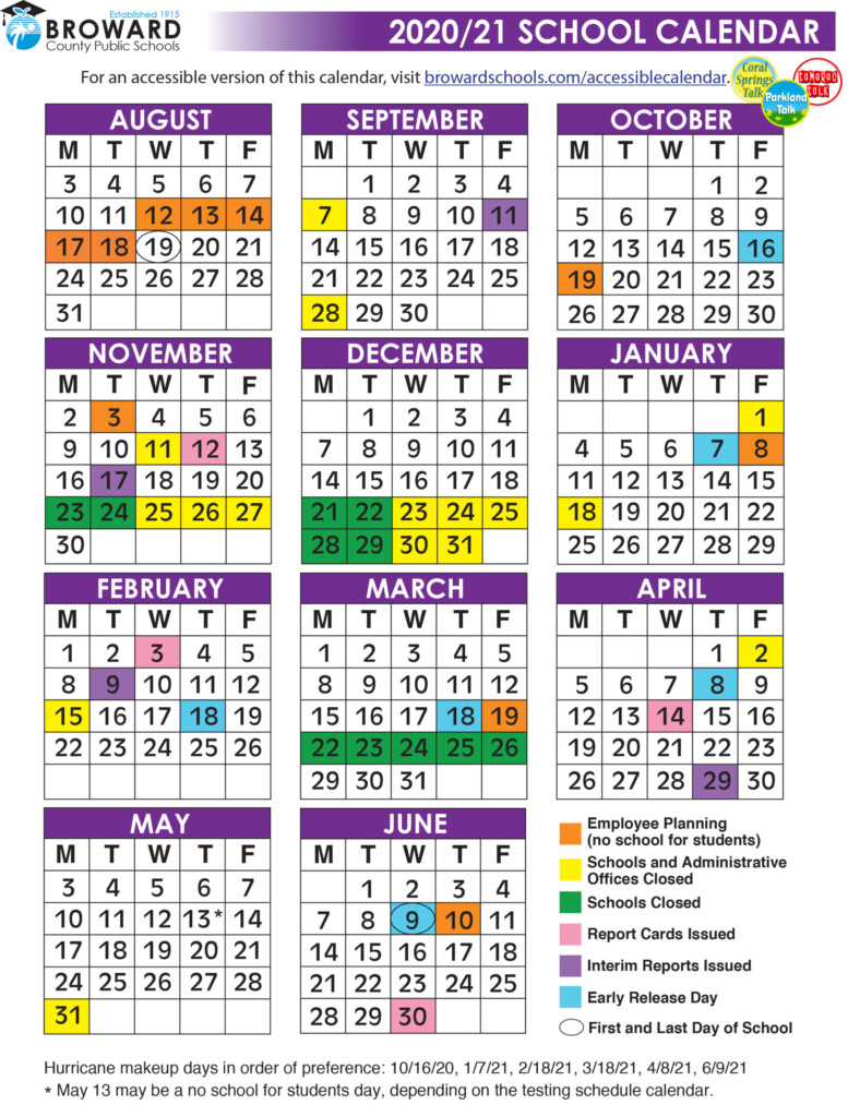 Official 2020 21 Broward County Public Schools Color Calendar Coral 