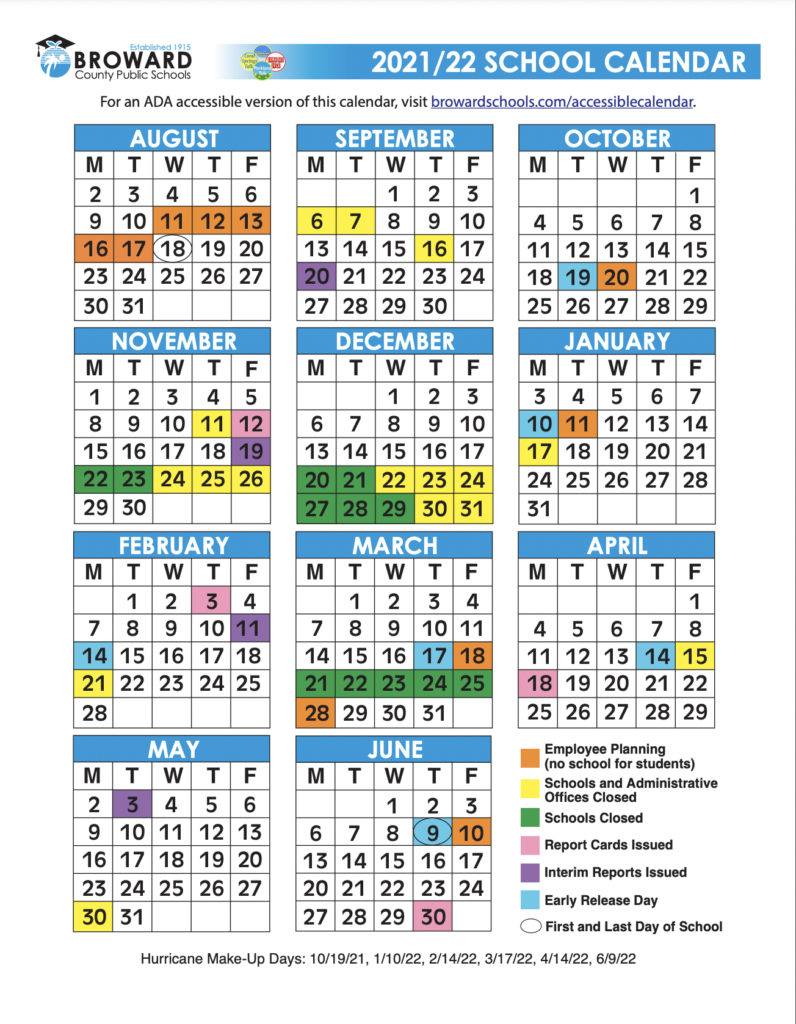 Official 2021 22 Broward County Public Schools Color Calendar 