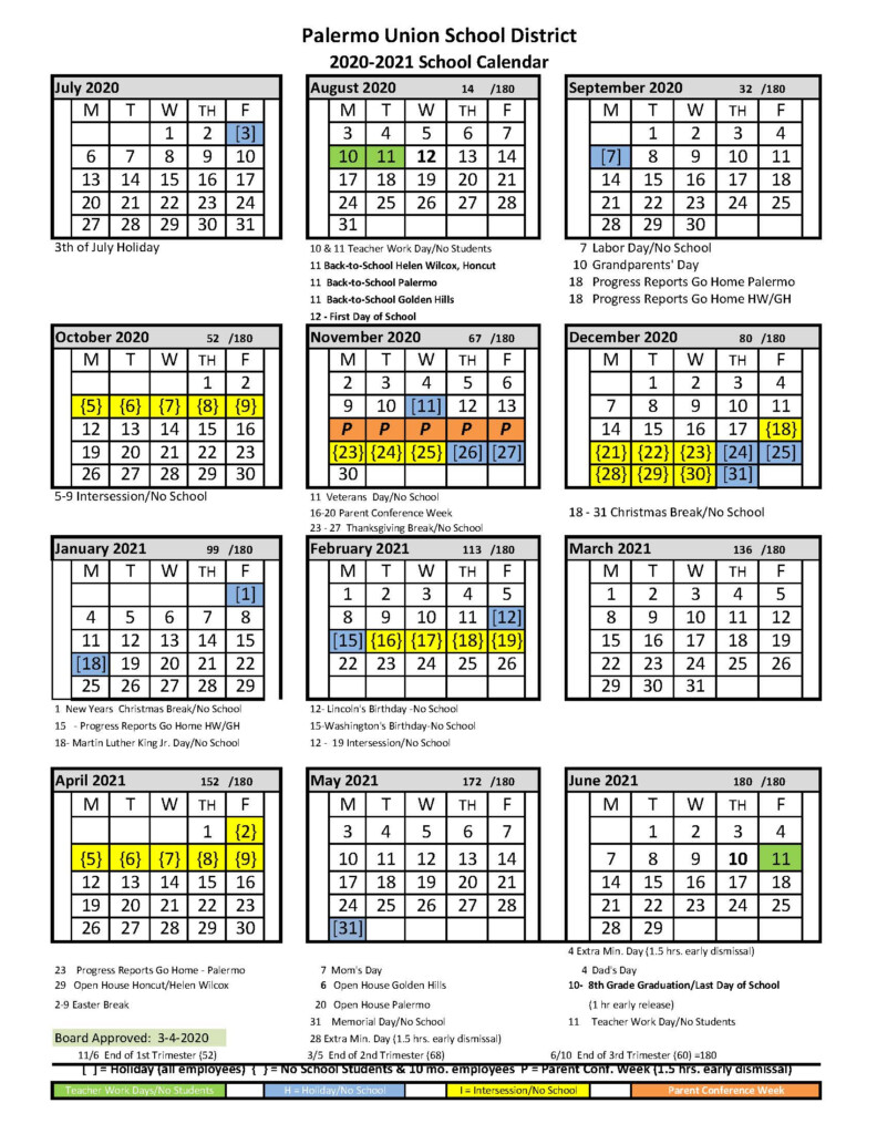 Palermo Union Elementary School District Calendar 2020 And 2021 