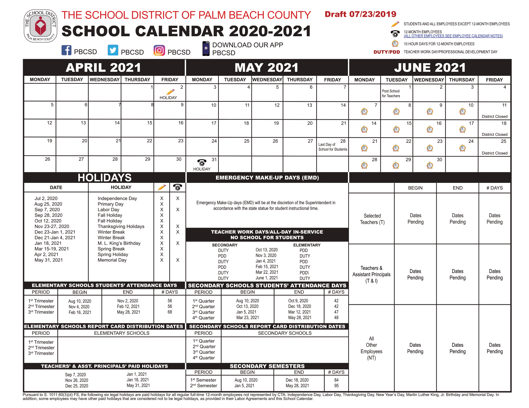 Palm Beach 2020 County Public School Calendar PDF County School