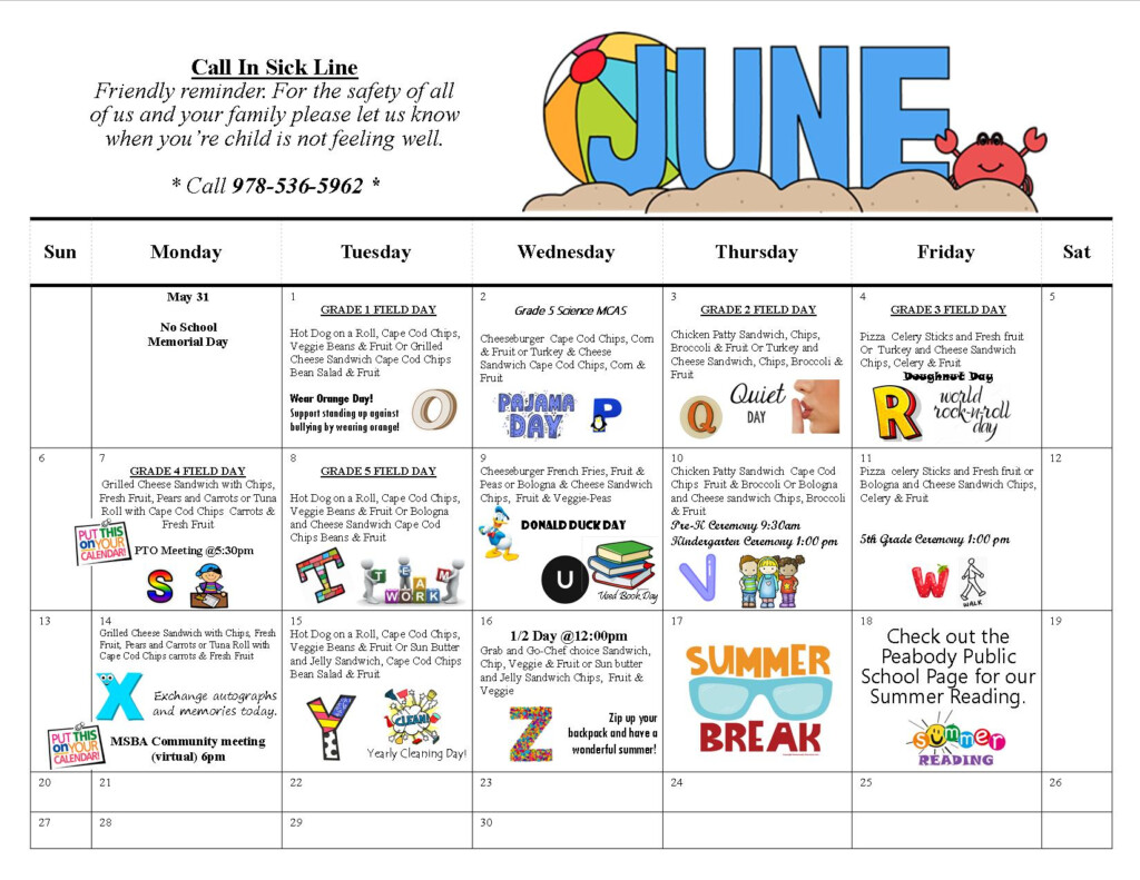 Peabody Public Schools June Calendar Peabody MA Patch