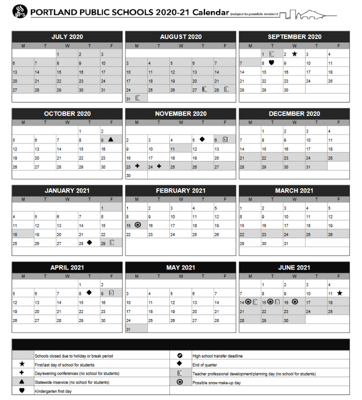 Portland School Calendar For 2020 21 Approved By Board Portland OR Patch