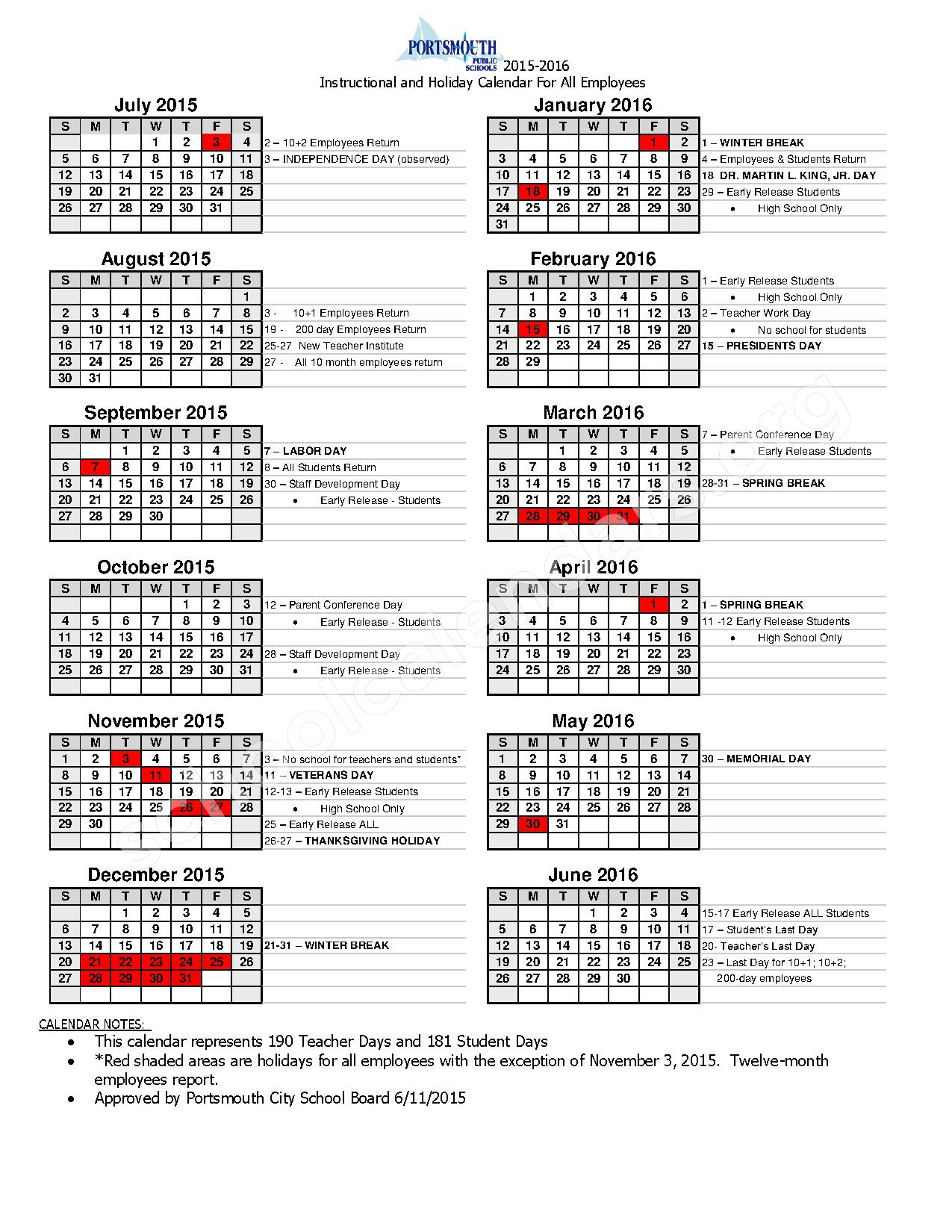 Portsmouth Public Schools Calendars Portsmouth VA