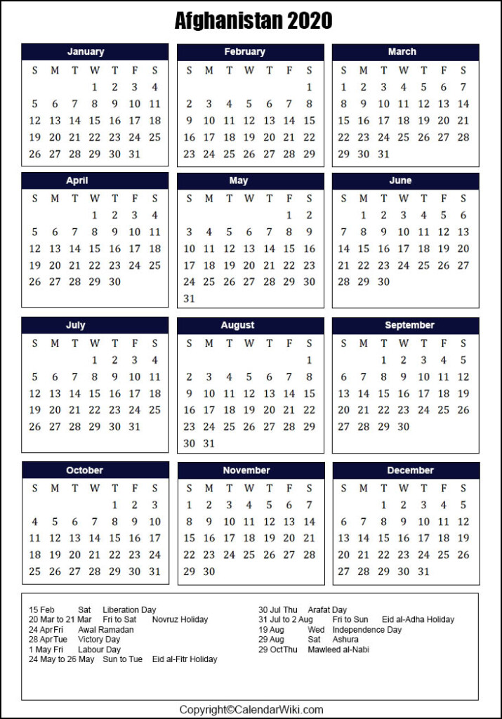 Printable Afghanistan Calendar 2020 With Holidays Public Holidays 