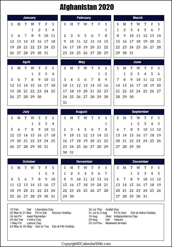 Printable Afghanistan Calendar 2020 With Holidays Public Holidays