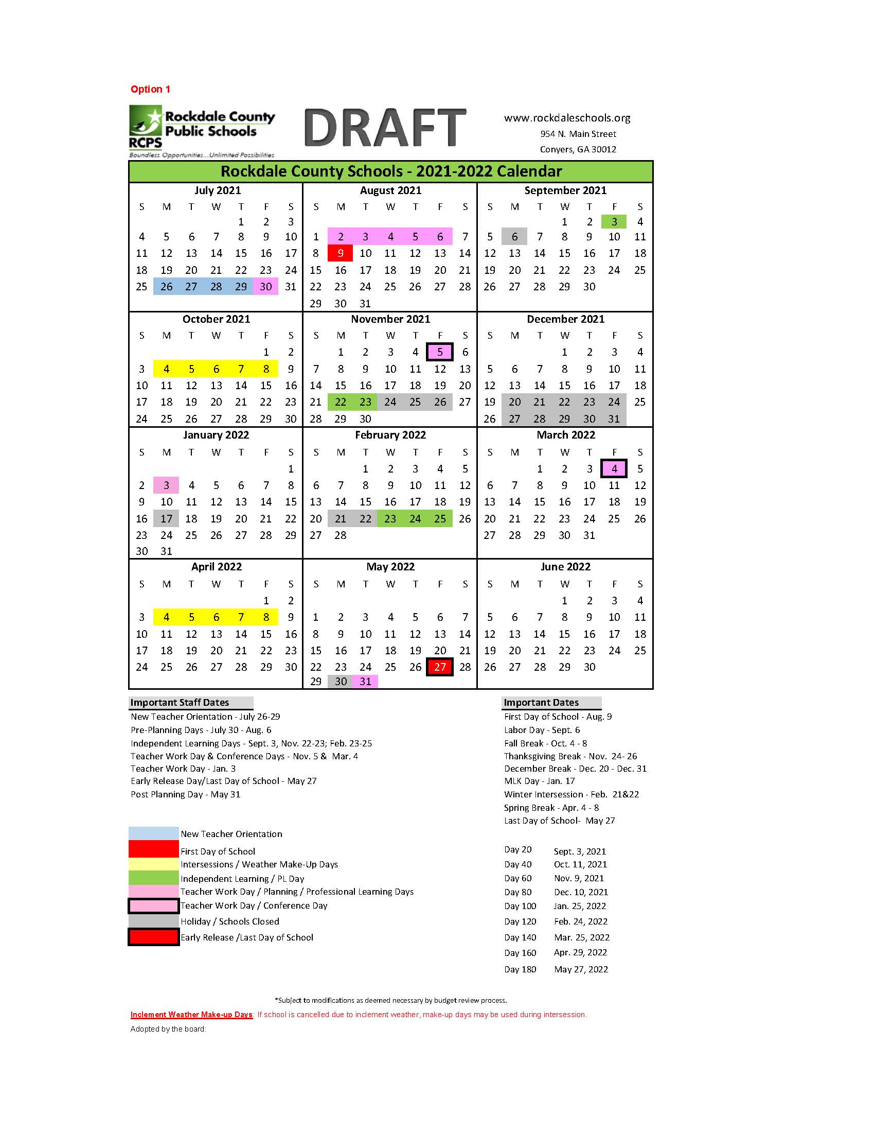 Rockdale County Public Schools Calendar Options For SY 21 22 And SY 22