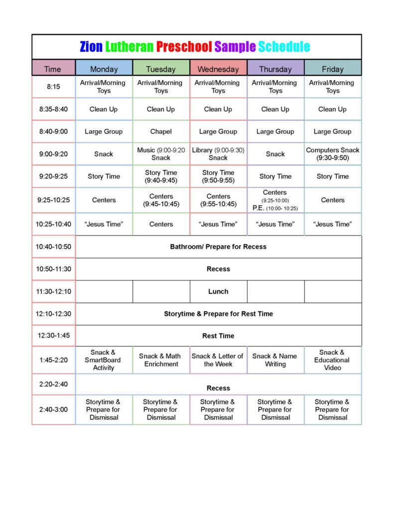 Sample Schedule Zion Lutheran School Belleville