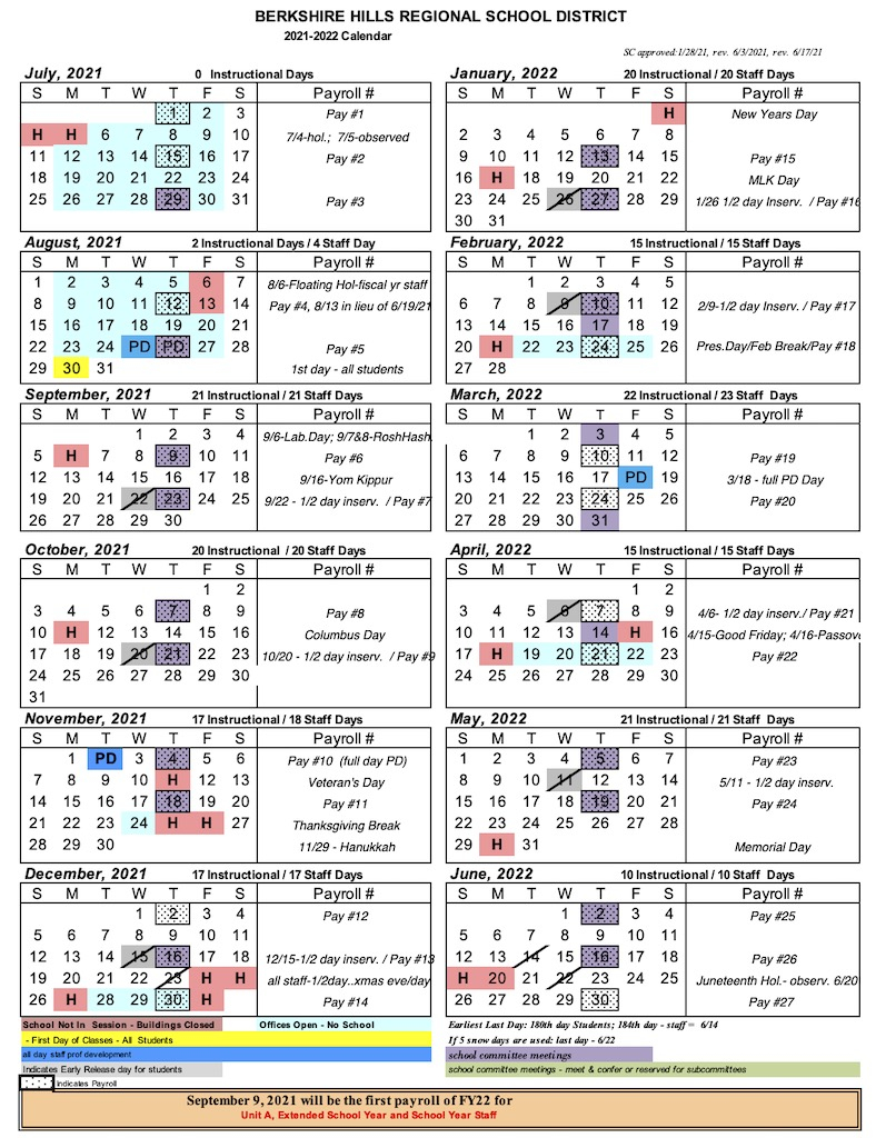 School Calendar 2021 22 Berkshire Hills Regional School District