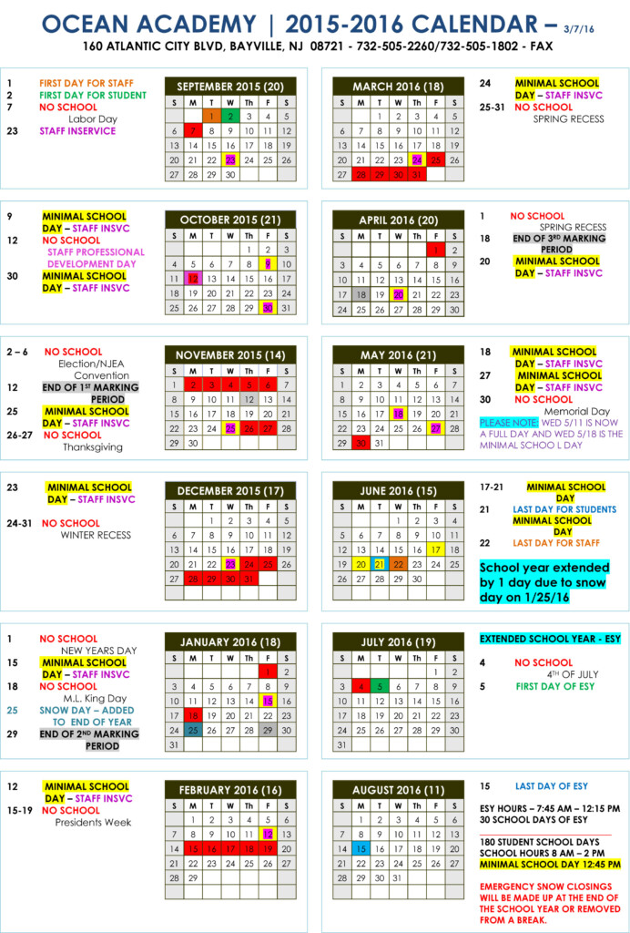 School Calendar Ocean Mental Health Services