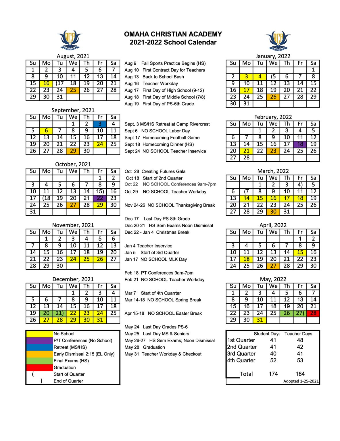 School Calendar Omaha Christian Academy