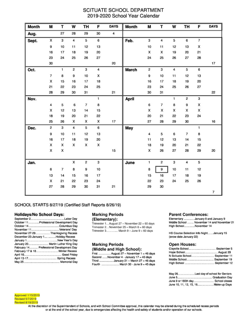 School Year Calendar Academics Scituate High School